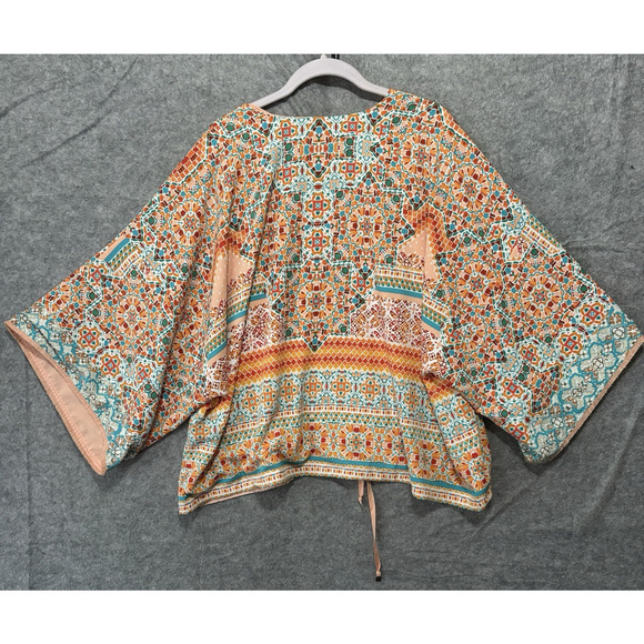 Chicos Jacket Blouse Women Sz 3 US L Peach Medallion Full Zip Lined Fringe Flare - Picture 2 of 8